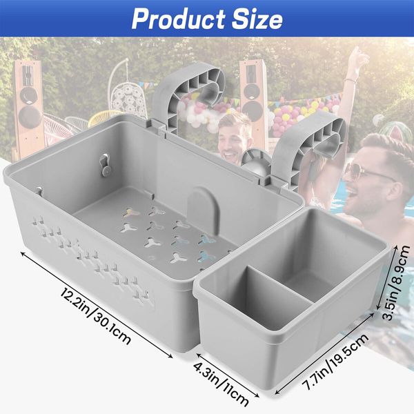 2 Sets of Poolside Storage Baskets with Cup Holders - Perfect for 3 Inch or Smaller Top Rails - above Ground Pool Accessories (Grey)