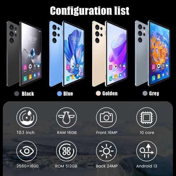 10.1 Inch Android Tablet 16GB+512GB Storage 4G Wi-Fi Dual SIM Long Battery Life Color Black