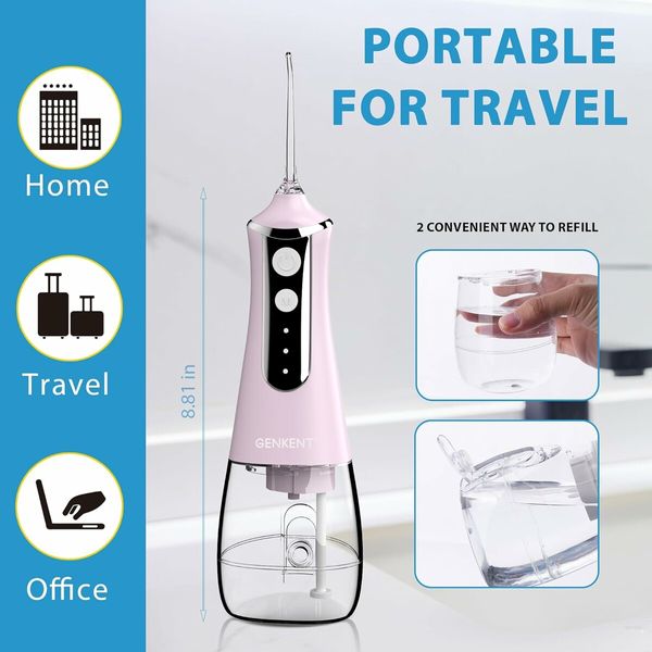 Portable Water Flosser Cordless Oral Irrigator with 5 Tips, Water Dental Flosser IPX6 Waterproof Electric Flosser for Travel (Pink)