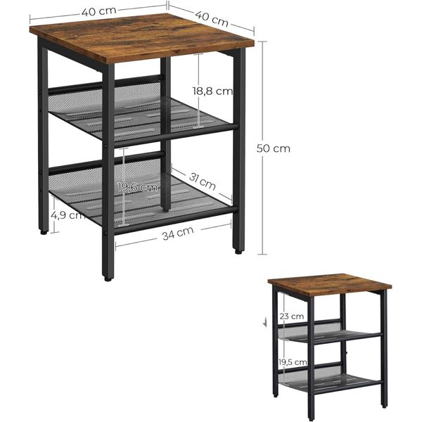 VASAGLE Side Table Set Nightstand Industrial Set of 2 Bedside Tables with Adjustable Mesh Shelves Rustic Brown and Black