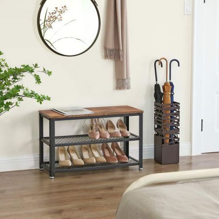 VASAGLE Shoe Bench with Seat Shoe Rack with 2 Mesh Shelves Rustic Brown and Black