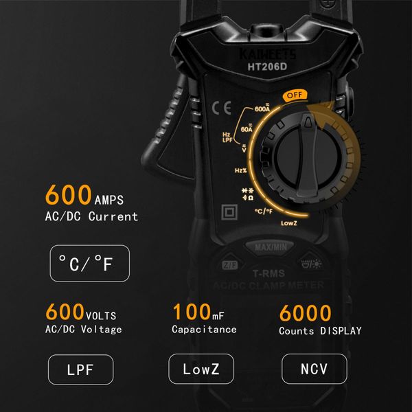 KAIWEETS HT206D Digital Clamp Meter T-RMS 6000 Counts, Multimeter Voltage Tester Auto-ranging, Measures Current Voltage Temperature Capacitance Resistance Diodes Continuity Duty-Cycle (AC/DC Current)