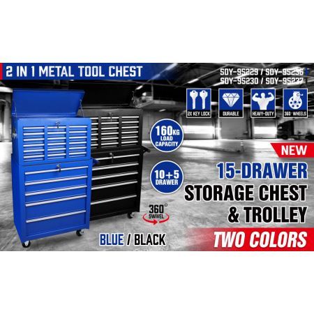 15-Drawer Tool Box Trolley Cabinet - Lockable Storage Cart Garage Toolbox Organizer System