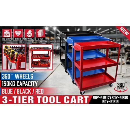 Black 3-Tier Tool Cart Trolley Toolbox Workshop Garage Storage 150KG Organizer Garage