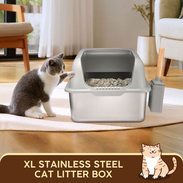 Stainless Steel Cat Litter Box XL Pet Toilet Kitty High Sided Enclosure Metal Pan Tray Potty Easy Clean 20L with Scoop Filter Pedal Pet Scene