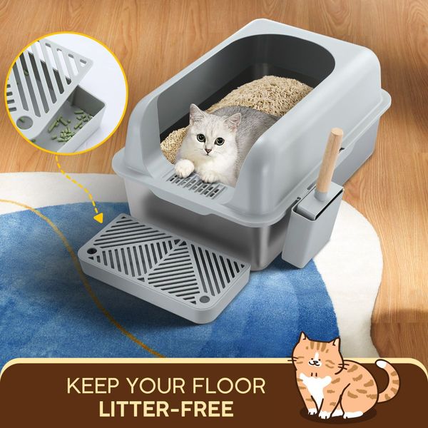 Stainless Steel Cat Litter Box XL Pet Toilet Kitty High Sided Enclosure Metal Pan Tray Potty Easy Clean 20L with Scoop Filter Pedal Pet Scene