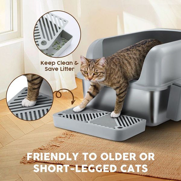 Stainless Steel Cat Litter Box XL Pet Toilet Kitty High Sided Enclosure Metal Pan Tray Potty Easy Clean 20L with Scoop Filter Pedal Pet Scene