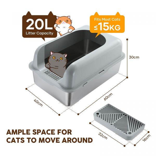 Stainless Steel Cat Litter Box XL Pet Toilet Kitty High Sided Enclosure Metal Pan Tray Potty Easy Clean 20L with Scoop Filter Pedal Pet Scene