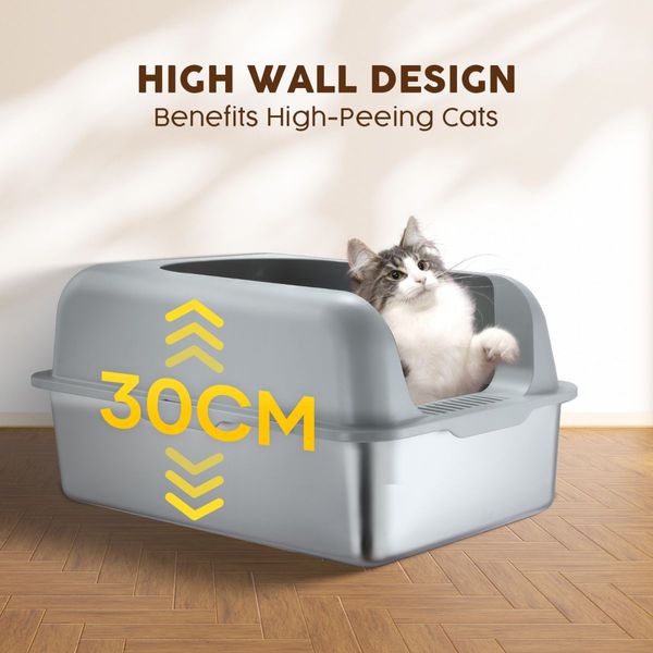 Stainless Steel Cat Litter Box XL Pet Toilet Kitty High Sided Enclosure Metal Pan Tray Potty Easy Clean 20L with Scoop Filter Pedal Pet Scene