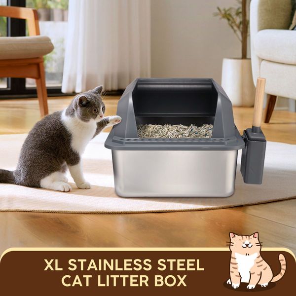 Stainless Steel Cat Litter Box XL High Enclosed Sides Pet Toilet Kitty Metal Pan Enclosure Potty Easy Clean Scoop 20L with Filter Pedal Pet Scene