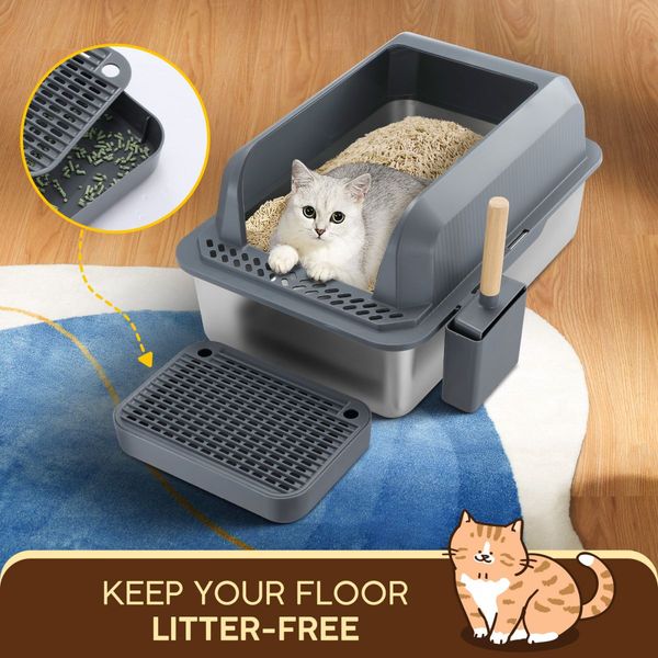 Stainless Steel Cat Litter Box XL High Enclosed Sides Pet Toilet Kitty Metal Pan Enclosure Potty Easy Clean Scoop 20L with Filter Pedal Pet Scene