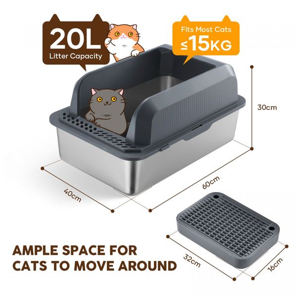 Stainless Steel Cat Litter Box XL High Enclosed Sides Pet Toilet Kitty Metal Pan Enclosure Potty Easy Clean Scoop 20L with Filter Pedal Pet Scene