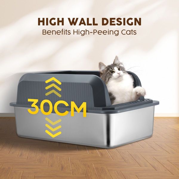 Stainless Steel Cat Litter Box XL High Enclosed Sides Pet Toilet Kitty Metal Pan Enclosure Potty Easy Clean Scoop 20L with Filter Pedal Pet Scene