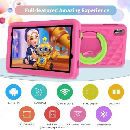 8 Inch Android 13 Kids Tablet 4GB RAM 64GB ROM Parental Control Pre-Installed Apps Educational Learning Tablet Case