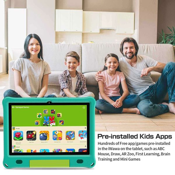 10.1 Inch Kids Tablet with 3GB RAM 64GB ROM Android 12 1280x800 IPS HD Touch Screen Parental Control Pre-Installed Apps Educational Learning Tablet Case-Green