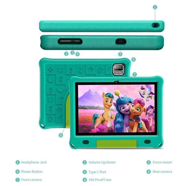 10.1 Inch Kids Tablet with 3GB RAM 64GB ROM Android 12 1280x800 IPS HD Touch Screen Parental Control Pre-Installed Apps Educational Learning Tablet Case-Green