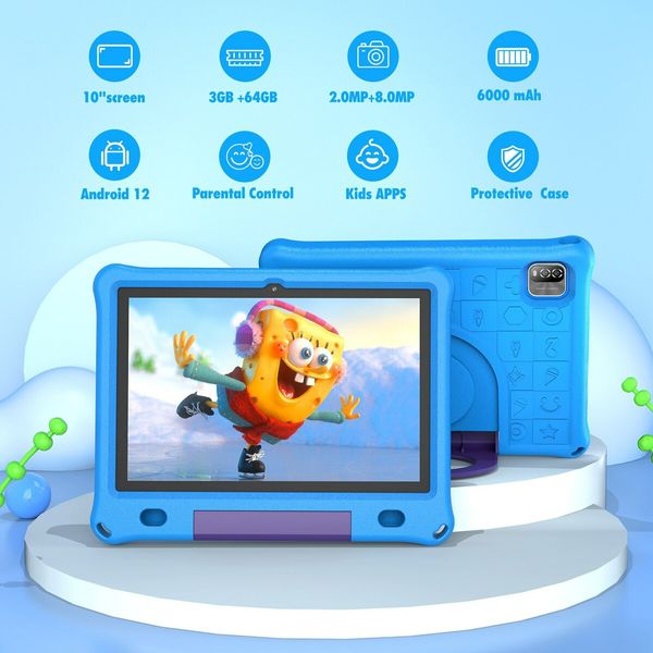 10.1 Inch Kids Tablet with 3GB RAM 64GB ROM Android 12 1280x800 IPS HD Touch Screen Parental Control Pre-Installed Apps Educational Learning Tablet Case-Blue