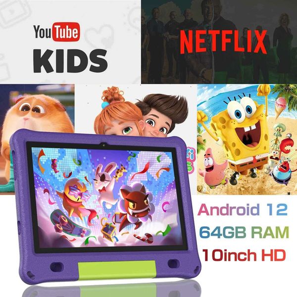 10.1 Inch Kids Tablet with 3GB RAM 64GB ROM Android 12 1280x800 IPS HD Touch Screen Parental Control Pre-Installed Apps Educational Learning Tablet Case-Purple