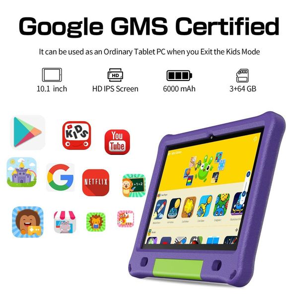 10.1 Inch Kids Tablet with 3GB RAM 64GB ROM Android 12 1280x800 IPS HD Touch Screen Parental Control Pre-Installed Apps Educational Learning Tablet Case-Purple