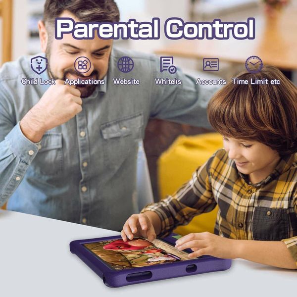 10.1 Inch Kids Tablet with 3GB RAM 64GB ROM Android 12 1280x800 IPS HD Touch Screen Parental Control Pre-Installed Apps Educational Learning Tablet Case-Purple