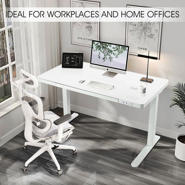 Electric Standing Desk Sit Stand Up Computer Office Furniture Motorised White Height Adjustable Table with Storage Tempered Glass Top Wireless USB