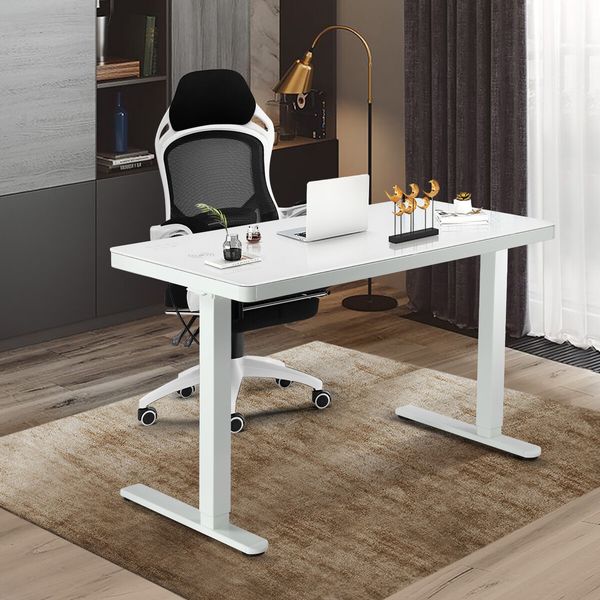 Electric Standing Desk Sit Stand Up Computer Office Furniture Motorised White Height Adjustable Table with Storage Tempered Glass Top Wireless USB