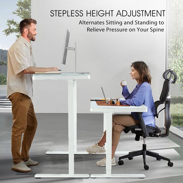 Electric Standing Desk Sit Stand Up Computer Office Furniture Motorised White Height Adjustable Table with Storage Tempered Glass Top Wireless USB