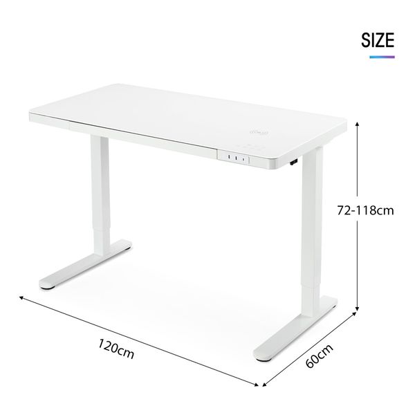 Electric Standing Desk Sit Stand Up Computer Office Furniture Motorised White Height Adjustable Table with Storage Tempered Glass Top Wireless USB