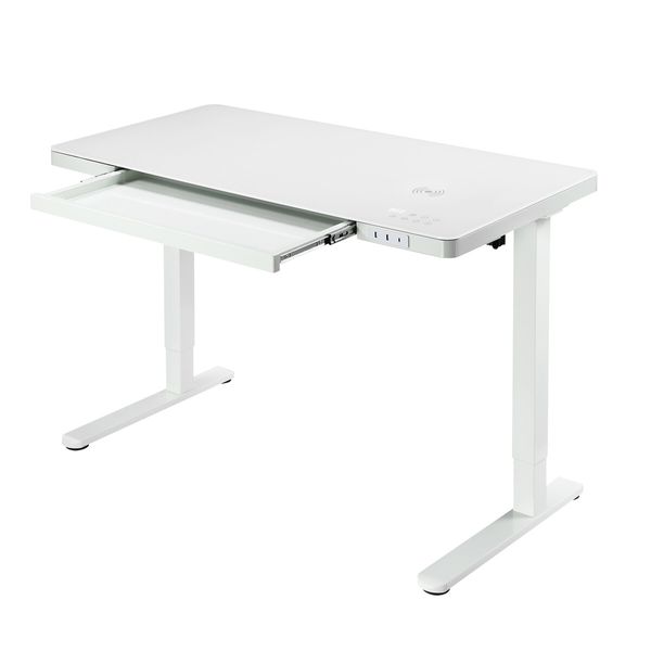 Electric Standing Desk Sit Stand Up Computer Office Furniture Motorised White Height Adjustable Table with Storage Tempered Glass Top Wireless USB