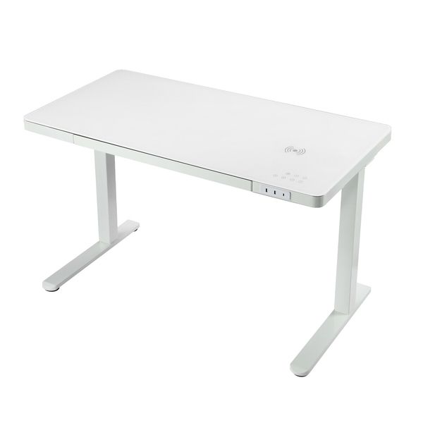 Electric Standing Desk Sit Stand Up Computer Office Furniture Motorised White Height Adjustable Table with Storage Tempered Glass Top Wireless USB