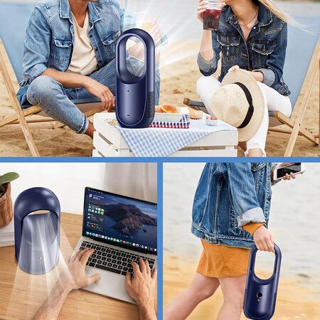 Bladeless Desk Fan, 6 Speed Modes, Rechargeable fan with 6000mAh Battery, Easy to Clean and Touch Control, Desk Fan Small Quite for Office, Bedroom (Blue)