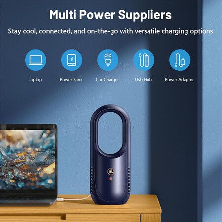 Bladeless Desk Fan, 6 Speed Modes, Rechargeable fan with 6000mAh Battery, Easy to Clean and Touch Control, Desk Fan Small Quite for Office, Bedroom (Blue)