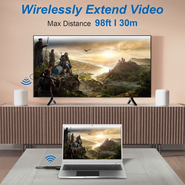 Wireless HDMI Transmitter and Receiver, 4K Decoding 1080P Output 98ft Range Extender for TV Projector, No Need WiFi Bluetooth