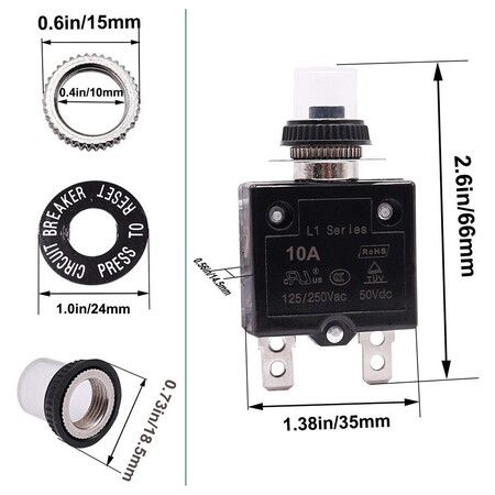 2Pcs 10Amp Circuit Breakers Push Button Manual Reset 125 to 250V AC 50V DC, L1 Series Overload Protector Switch Thermal Circuit Breakers with Waterproof Button Caps L1-cj-10A