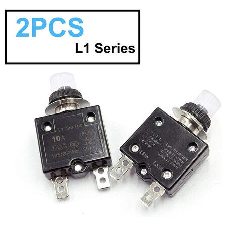 2Pcs 10Amp Circuit Breakers Push Button Manual Reset 125 to 250V AC 50V DC, L1 Series Overload Protector Switch Thermal Circuit Breakers with Waterproof Button Caps L1-cj-10A