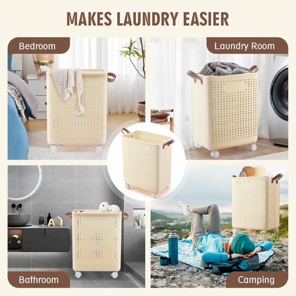 47L Laundry Basket Hamper Plastic Collapsible Clothes Washing Trolley Foldable Bathroom Container Cart Organiser Holder on Wheels