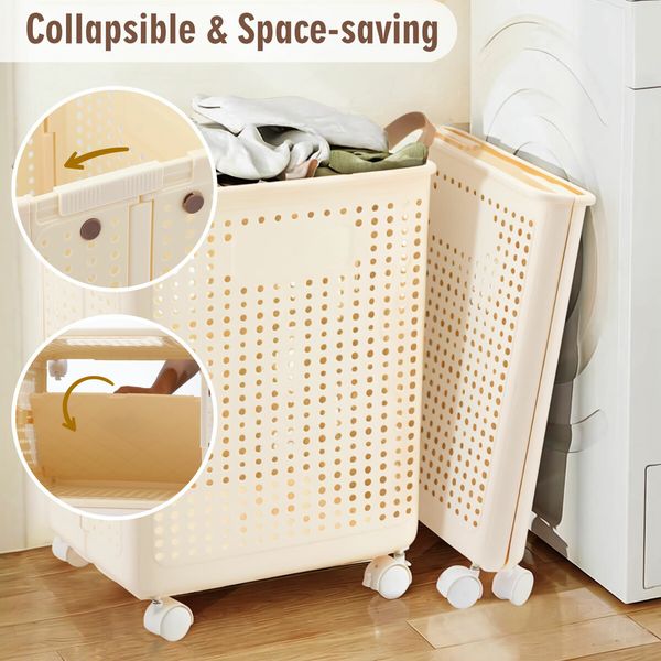 47L Laundry Basket Hamper Plastic Collapsible Clothes Washing Trolley Foldable Bathroom Container Cart Organiser Holder on Wheels