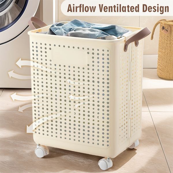 47L Laundry Basket Hamper Plastic Collapsible Clothes Washing Trolley Foldable Bathroom Container Cart Organiser Holder on Wheels