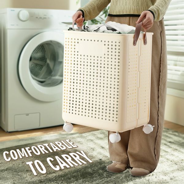 47L Laundry Basket Hamper Plastic Collapsible Clothes Washing Trolley Foldable Bathroom Container Cart Organiser Holder on Wheels