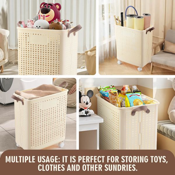 47L Laundry Basket Hamper Plastic Collapsible Clothes Washing Trolley Foldable Bathroom Container Cart Organiser Holder on Wheels