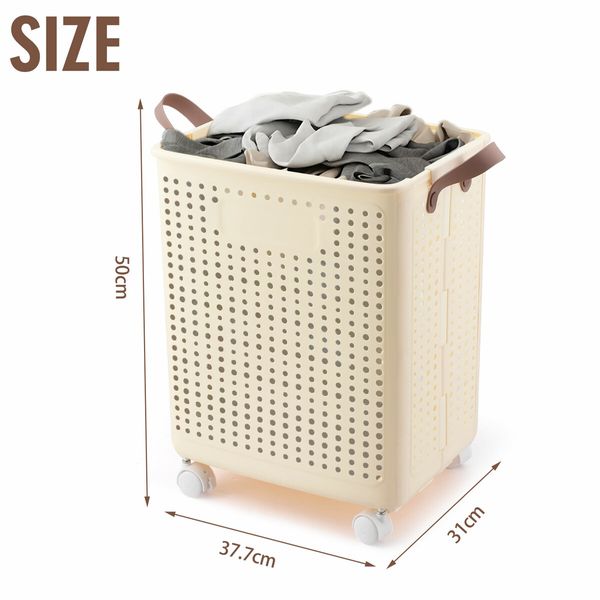 47L Laundry Basket Hamper Plastic Collapsible Clothes Washing Trolley Foldable Bathroom Container Cart Organiser Holder on Wheels