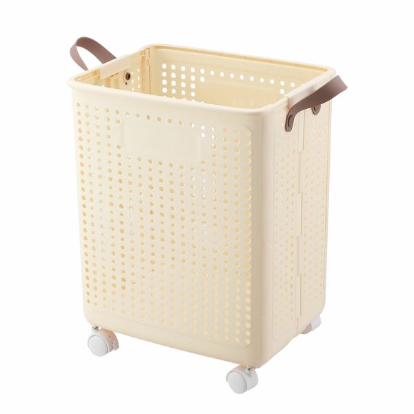 47L Laundry Basket Hamper Plastic Collapsible Clothes Washing Trolley Foldable Bathroom Container Cart Organiser Holder on Wheels