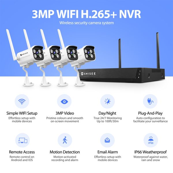 3MP Security Camera Set Wireless Home CCTV House Indoor Outdoor Surveillance System Full HD with 4 Channel WiFi NVR