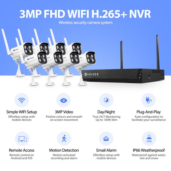 3MP Security Camera Set Wireless CCTV Home Indoor Outdoor House WiFi Surveillance System Full HD with 8 Channel NVR