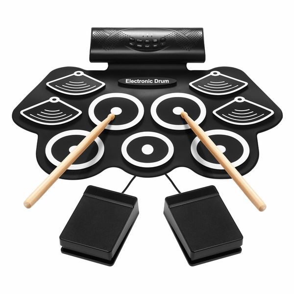 9 Pads Electronic Drum Set Electric Drumsticks USB MIDI Roll Up Practice Portable Musical Instrument Stereo Speaker Headphone Jack Beginner Kids Pedals