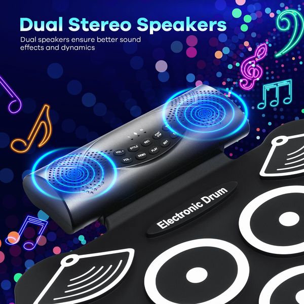 9 Pads Electronic Drum Set Electric Drumsticks USB MIDI Roll Up Practice Portable Musical Instrument Stereo Speaker Headphone Jack Beginner Kids Pedals