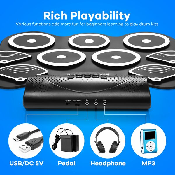 9 Pads Electronic Drum Set Electric Drumsticks USB MIDI Roll Up Practice Portable Musical Instrument Stereo Speaker Headphone Jack Beginner Kids Pedals