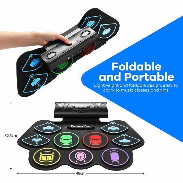 9 Pads Electronic Drum Kit Electric Digital USB Roll Up Bluetooth Practice Pad Speaker Headphone Jack Beginner Musical Instrument Drumsticks Colourful