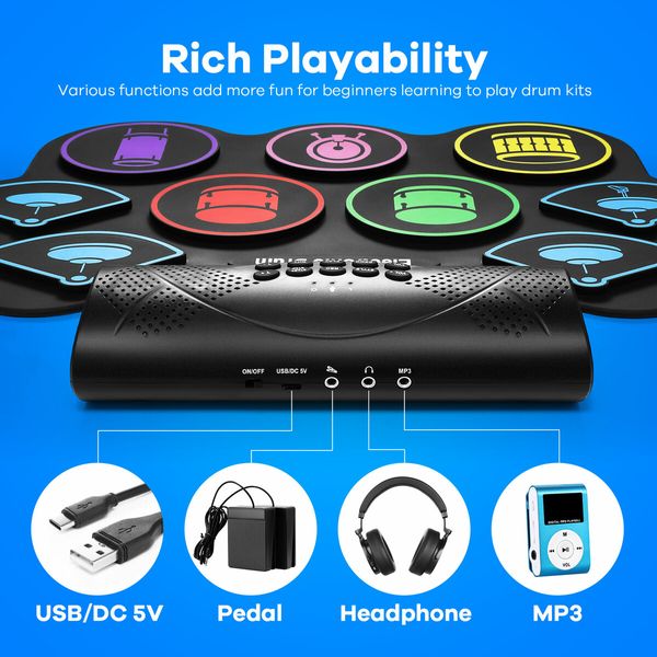 9 Pads Electronic Drum Kit Electric Digital USB Roll Up Bluetooth Practice Pad Speaker Headphone Jack Beginner Musical Instrument Drumsticks Colourful