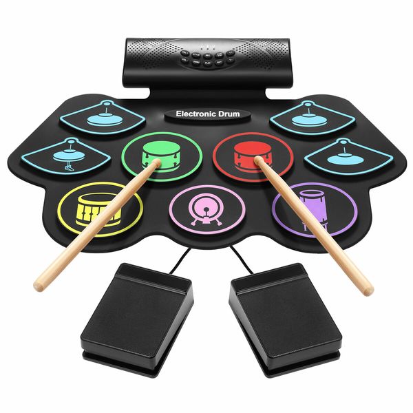 9 Pads Electronic Drum Kit Electric Digital USB Roll Up Bluetooth Practice Pad Speaker Headphone Jack Beginner Musical Instrument Drumsticks Colourful